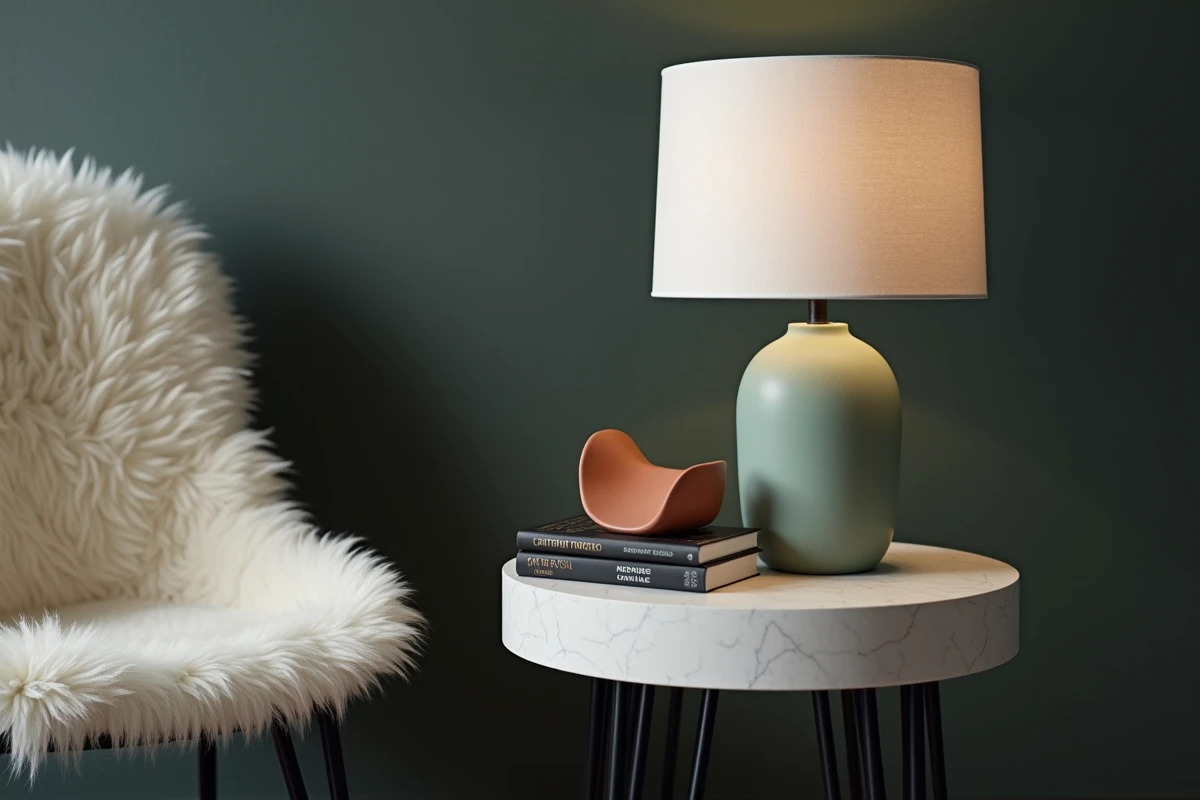 Détail de coin salon scandinave noir et blanc avec lampe verte sauge et objet décoratif orange rouille