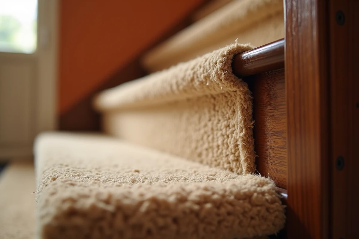 Gros plan sur une marche d'escalier en moquette beige caramel avec tringle laiton dans une maison chaleureuse