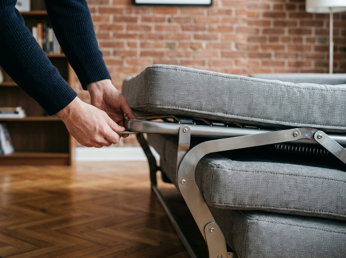 Gros plan sur le mécanisme d'un canapé convertible en cours d'ouverture, révélant la structure métallique et le pliage du matelas