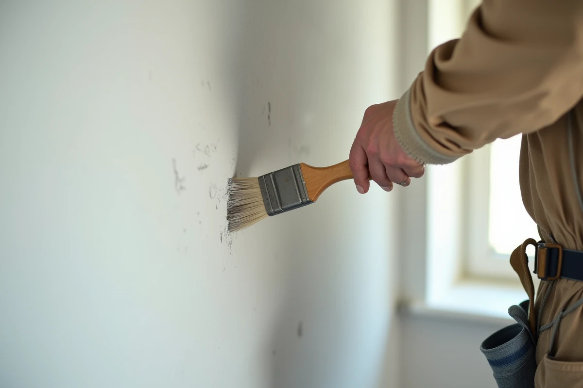 Détail en gros plan d'un peintre professionnel finissant les bords du plafond au pinceau à la jonction mur-plafond dans un appartement rénové