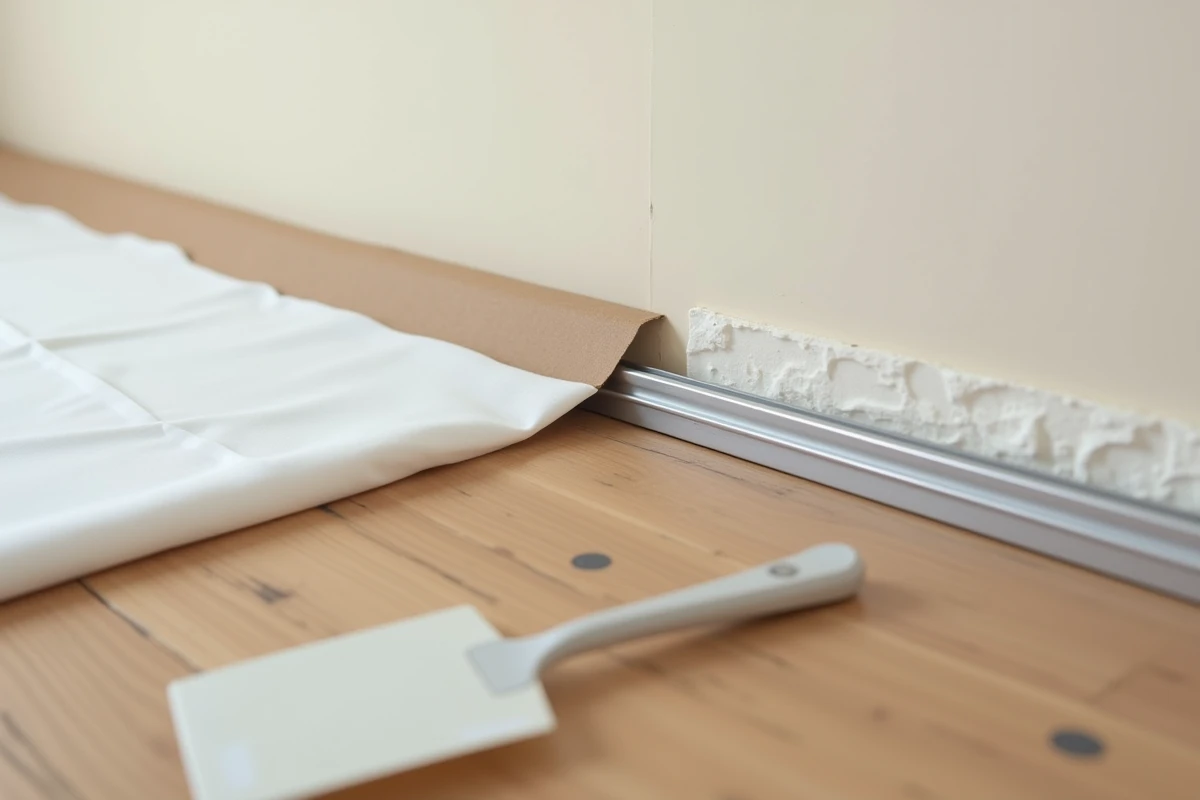 Détail du rail de fixation et de la membrane d'un plafond tendu en cours de pose dans une chambre en rénovation