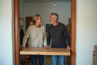 Un couple d'adultes transportant une table en bois dans un appartement