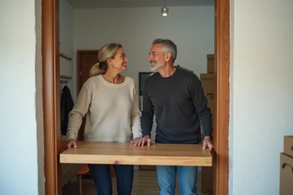 Un couple d'adultes transportant une table en bois dans un appartement