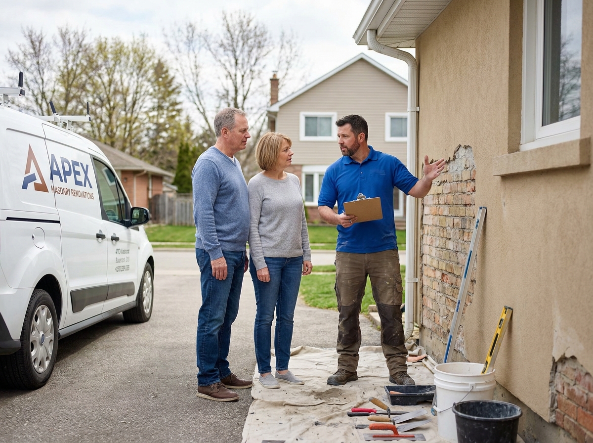 Propriétaires discutant d'un devis de rénovation de façade avec un entrepreneur en maçonnerie devant leur maison