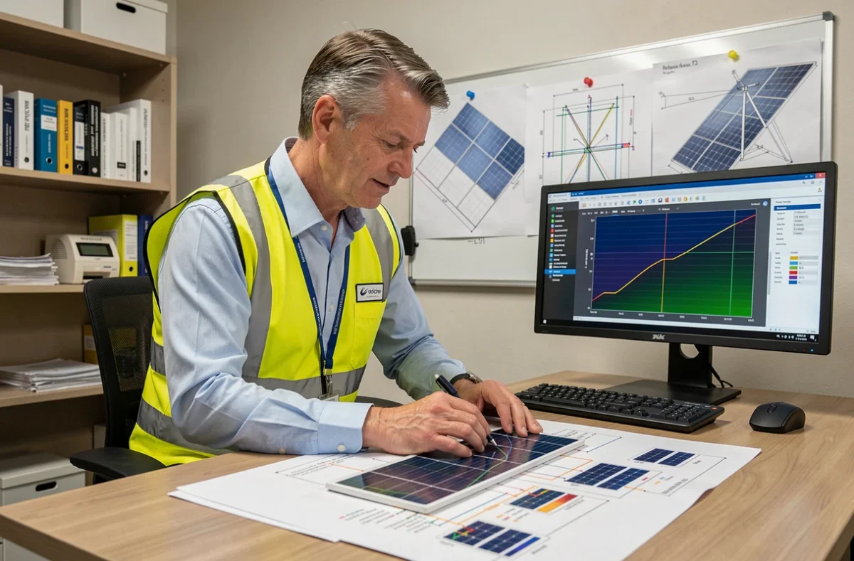 Ingénieur de DGE Sarl analysant des schémas techniques photovoltaïques dans un bureau d'études spécialisé dans le Haut-Rhin