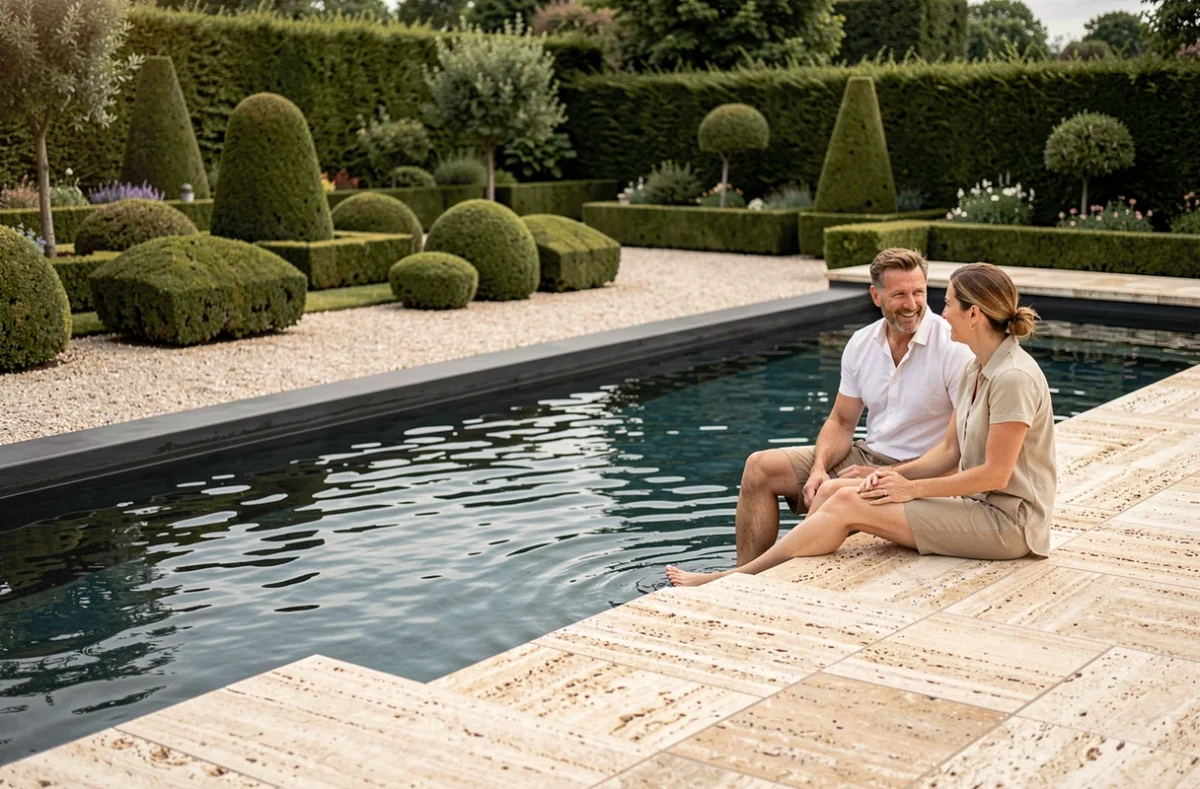 Couple au bord d'une piscine Diffazur haut de gamme avec liner anthracite et terrasse en travertin dans un jardin soigné
