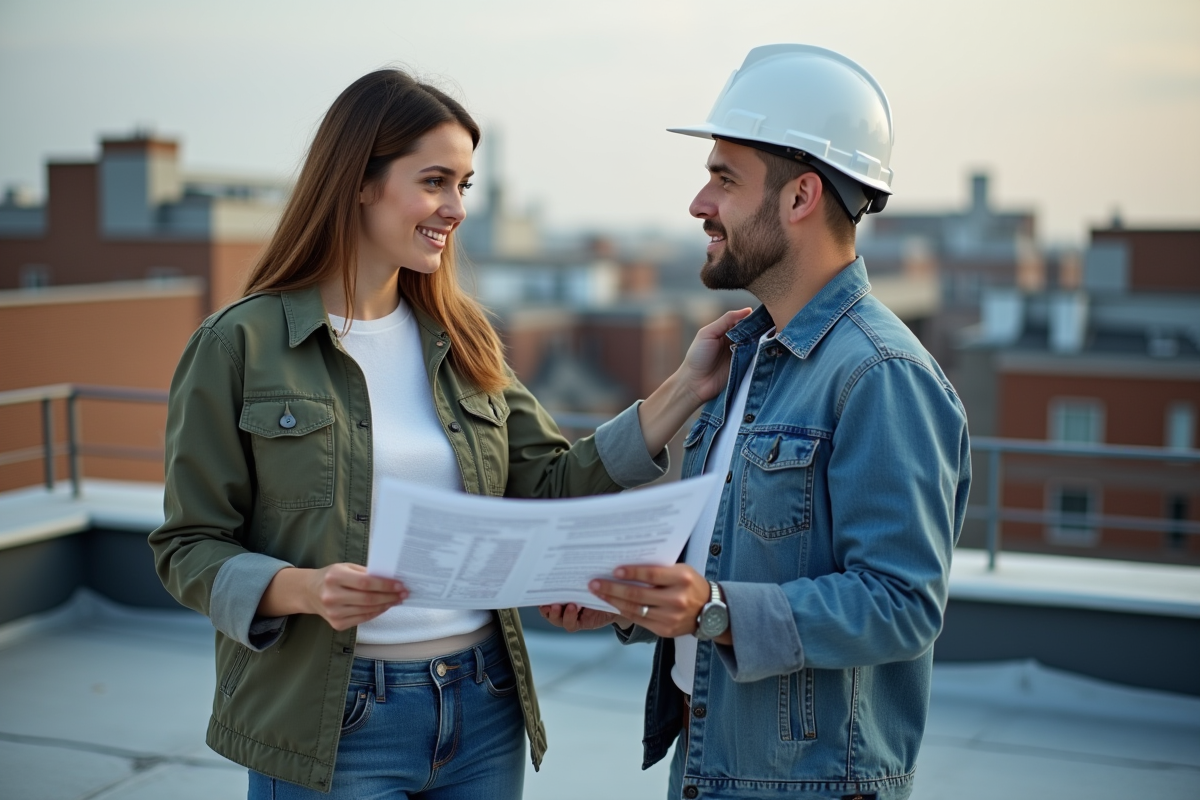 Jeune femme discutant de travaux de toiture avec un entrepreneur