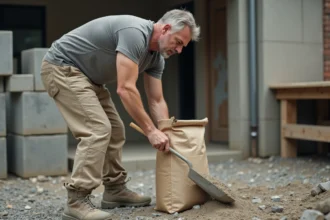 Ouvrier dosant du béton à la pelle depuis un sac de 35 kg sur un chantier résidentiel