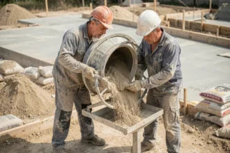 Ouvrier du bâtiment dosant le ciment et le sable dans une bétonnière sur un chantier de construction pour réaliser une chape maigre