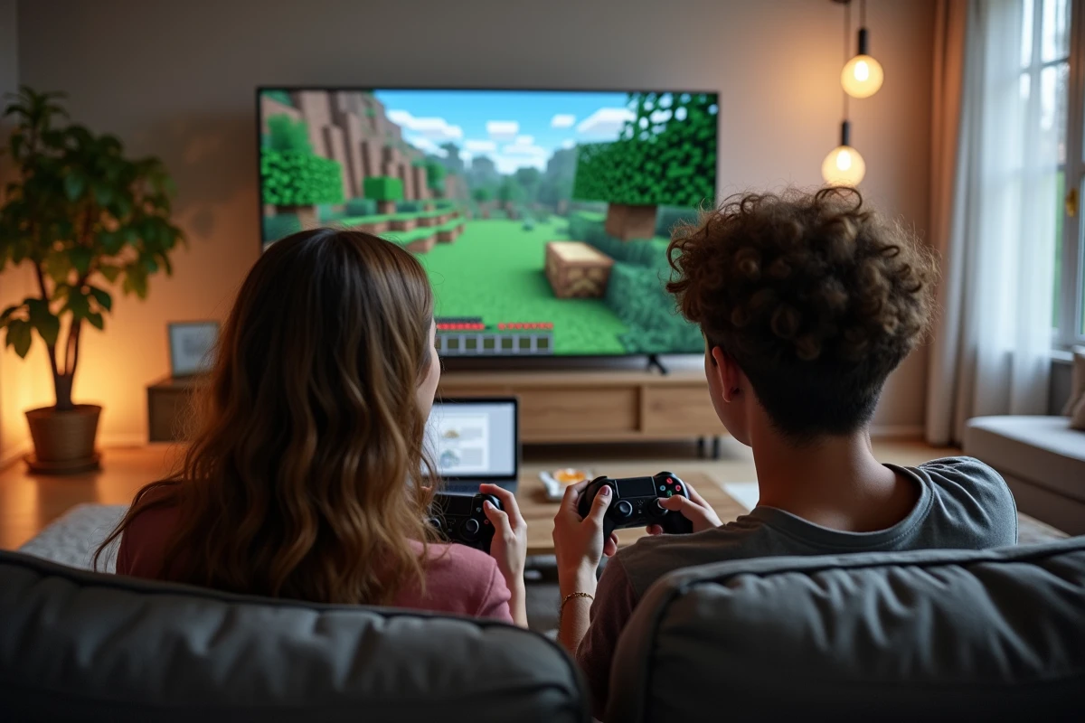 Deux joueurs jouant à Minecraft en multijoueur depuis leur salon, consultant les points de spawn sur un grand écran TV