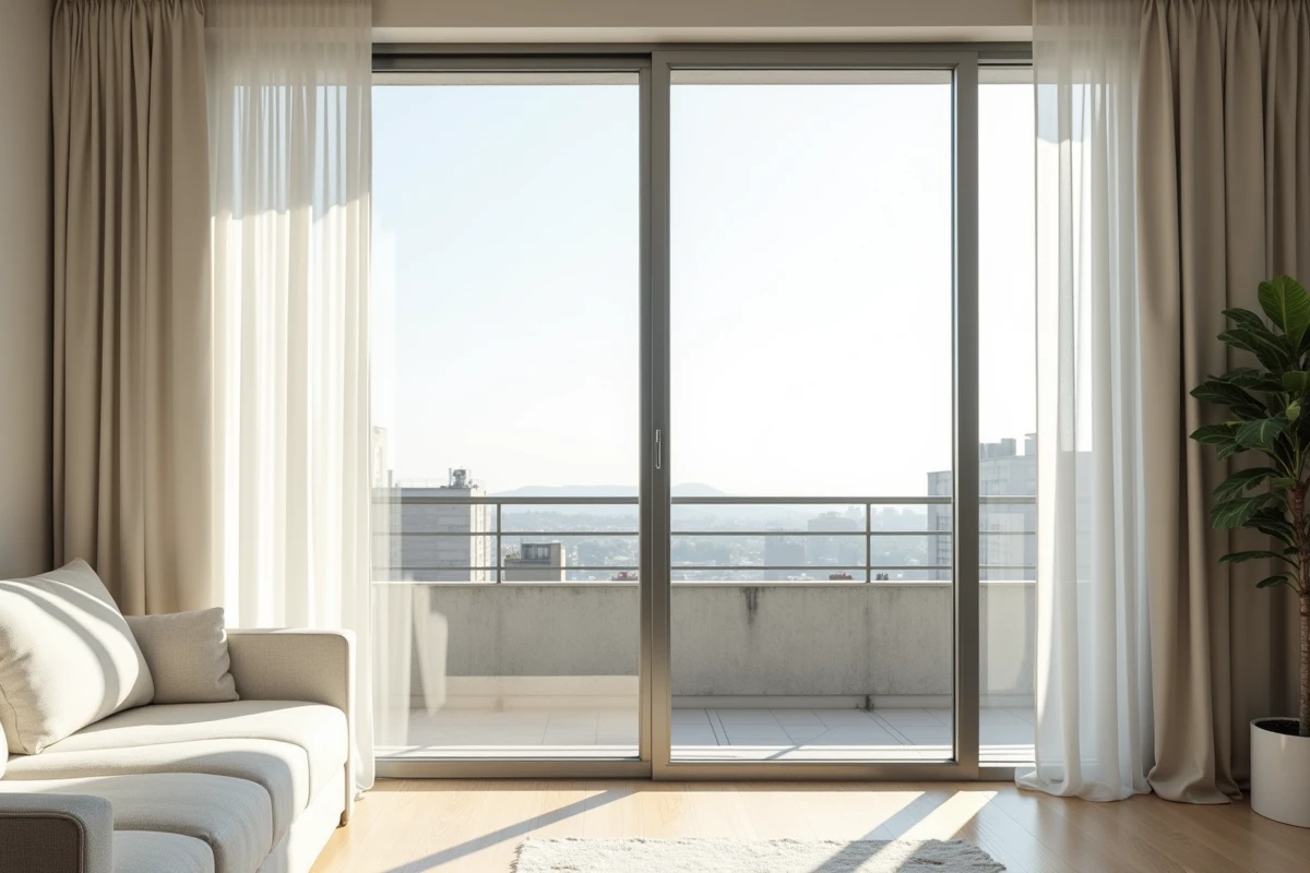 Grandes fenêtres du sol au plafond non obstruées dans un studio avec rideaux en lin blanc tirés sur le côté, laissant entrer la lumière naturelle et agrandissant visuellement l'espace
