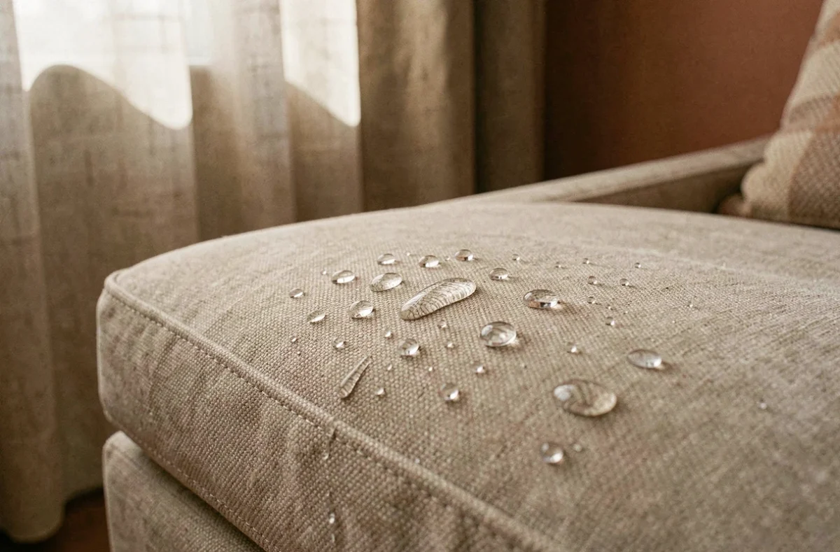 Gouttelettes d'eau perlant sur un fauteuil en microfibre imperméabilisé, démontrant l'effet anti-taches
