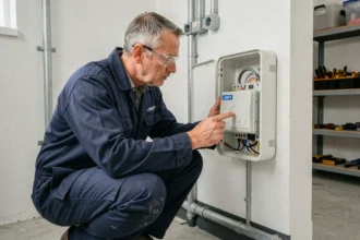 Électricien examinant un compteur Linky dans un tableau électrique mural pour vérifier la compatibilité avec une pompe à chaleur
