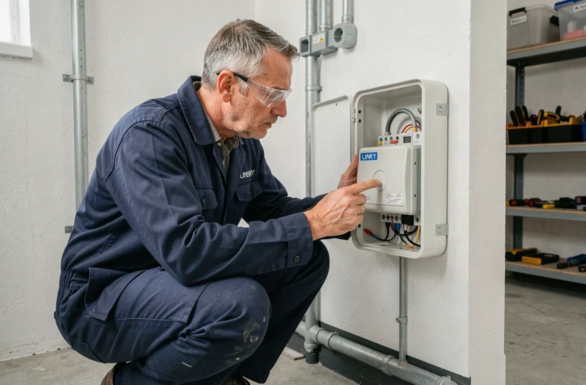 Électricien examinant un compteur Linky dans un tableau électrique mural pour vérifier la compatibilité avec une pompe à chaleur
