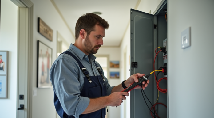Électricien inspectant un panneau électrique dans une maison