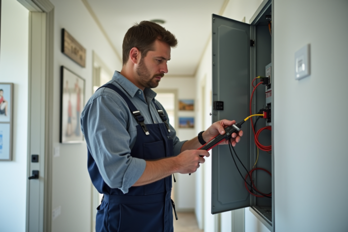 electricien-inspecte-paneau-electrique Électricien inspectant un panneau électrique dans une maison