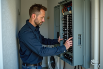 Électricien vérifiant un panneau électrique domestique