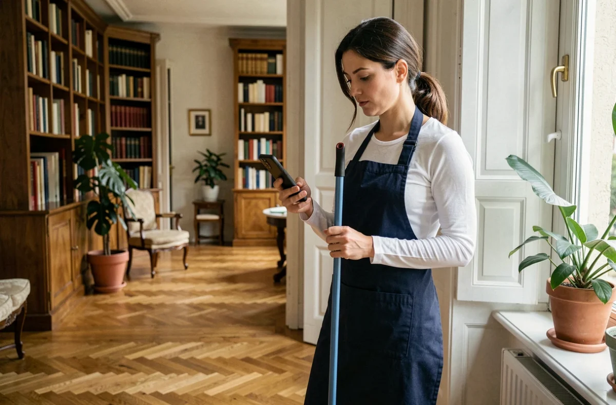 Employée de maison avec un balai-serpillière consultant son téléphone portable dans un appartement élégant