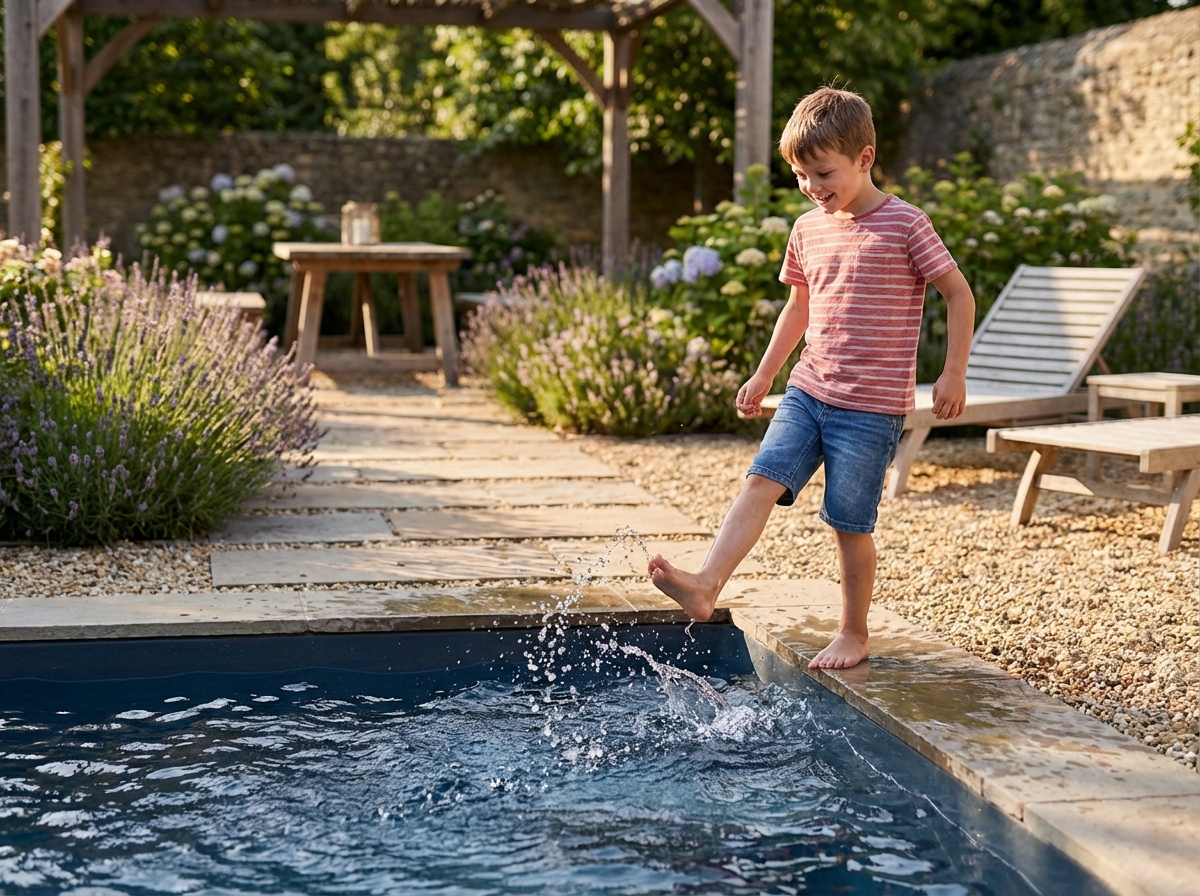 Jeune garçon jouant dans une petite piscine extérieure