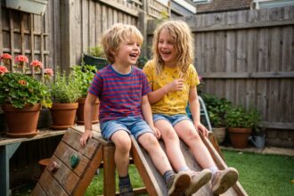 Jeunes enfants jouant dans un jardin urbain ensoleille