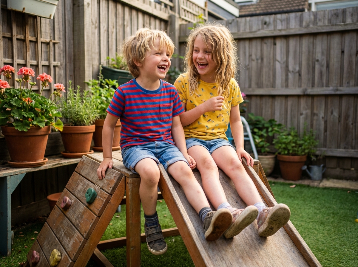 Jeunes enfants jouant dans un jardin urbain ensoleille