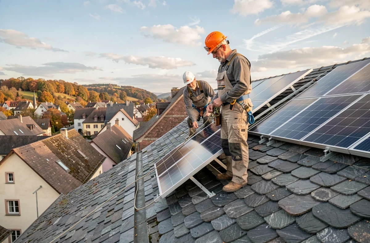 Deux artisans de l'Entreprise Emile Keller Sarl travaillant sur l'intégration de panneaux solaires dans une toiture en ardoise alsacienne