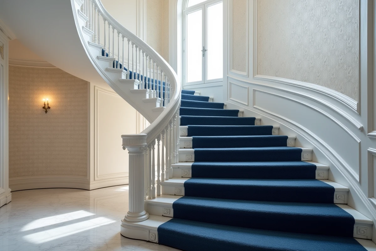 Escalier courbe luxueux avec marches en moquette bleu marine à motif chevron dans un appartement haut de gamme art déco