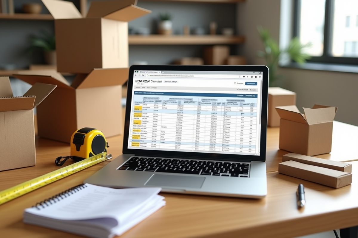 Espace de travail organisé avec calculatrice et cartons