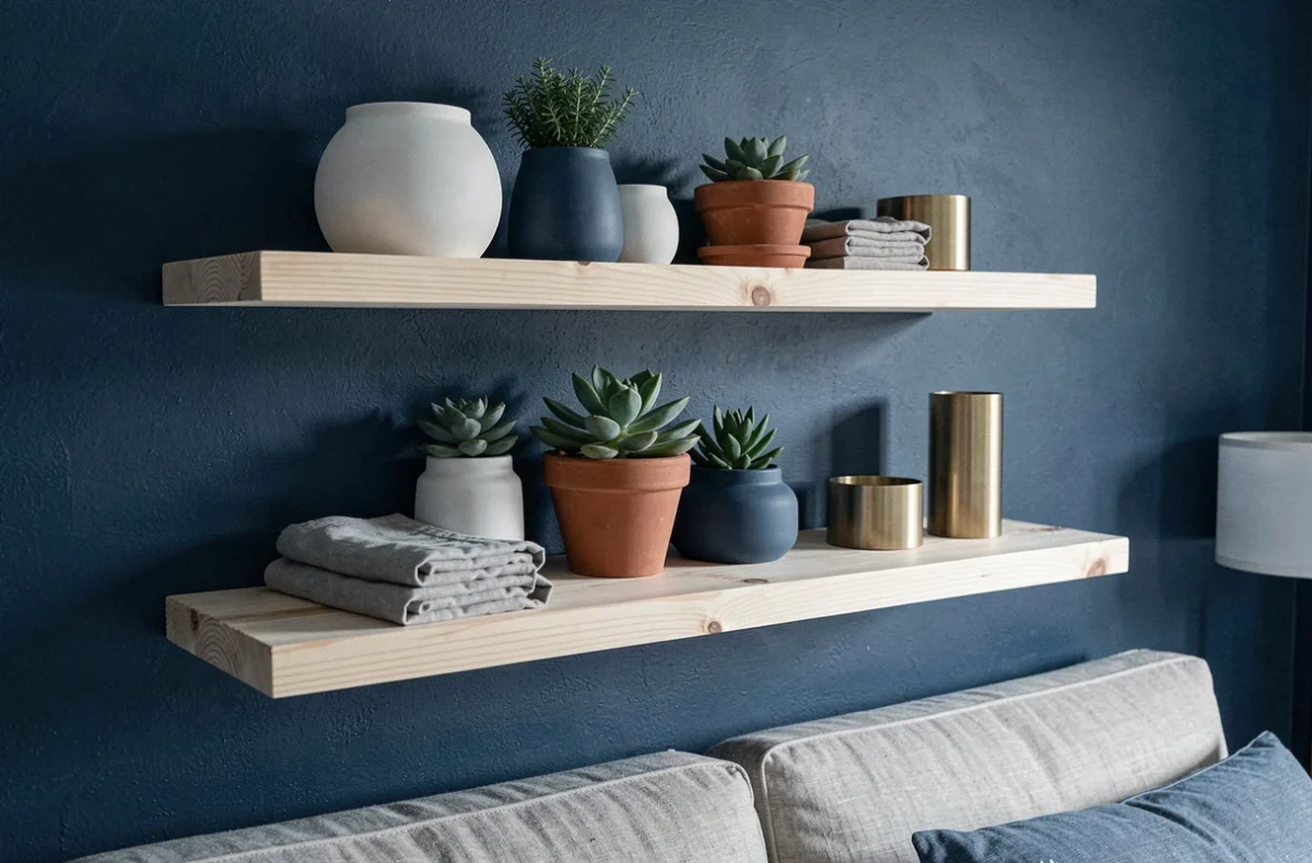 Étagères en pin brut sur mur bleu nuit avec céramiques blanches, plantes et bougeoirs en laiton brossé, style scandinave
