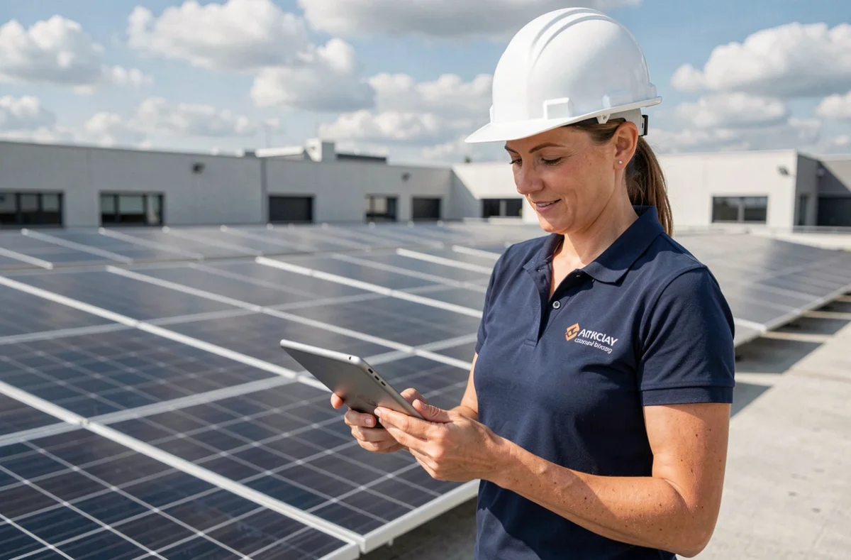 Spécialiste photovoltaïque d'Exhelia consultant des plans techniques sur tablette devant une installation solaire industrielle dans le 68