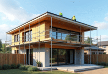 Extension de maison moderne en construction avec ouvriers