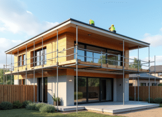 Extension de maison moderne en construction avec ouvriers