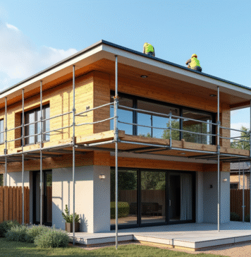 Prix extension à 2 étages : combien coûte une extension ? Extension de maison moderne en construction avec ouvriers