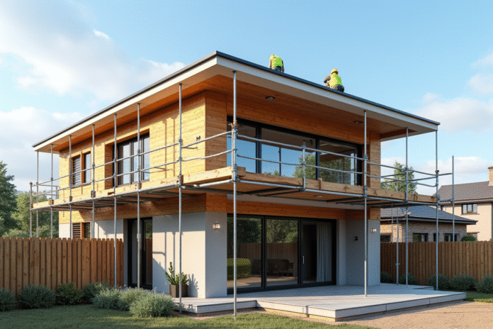 Extension de maison moderne en construction avec ouvriers