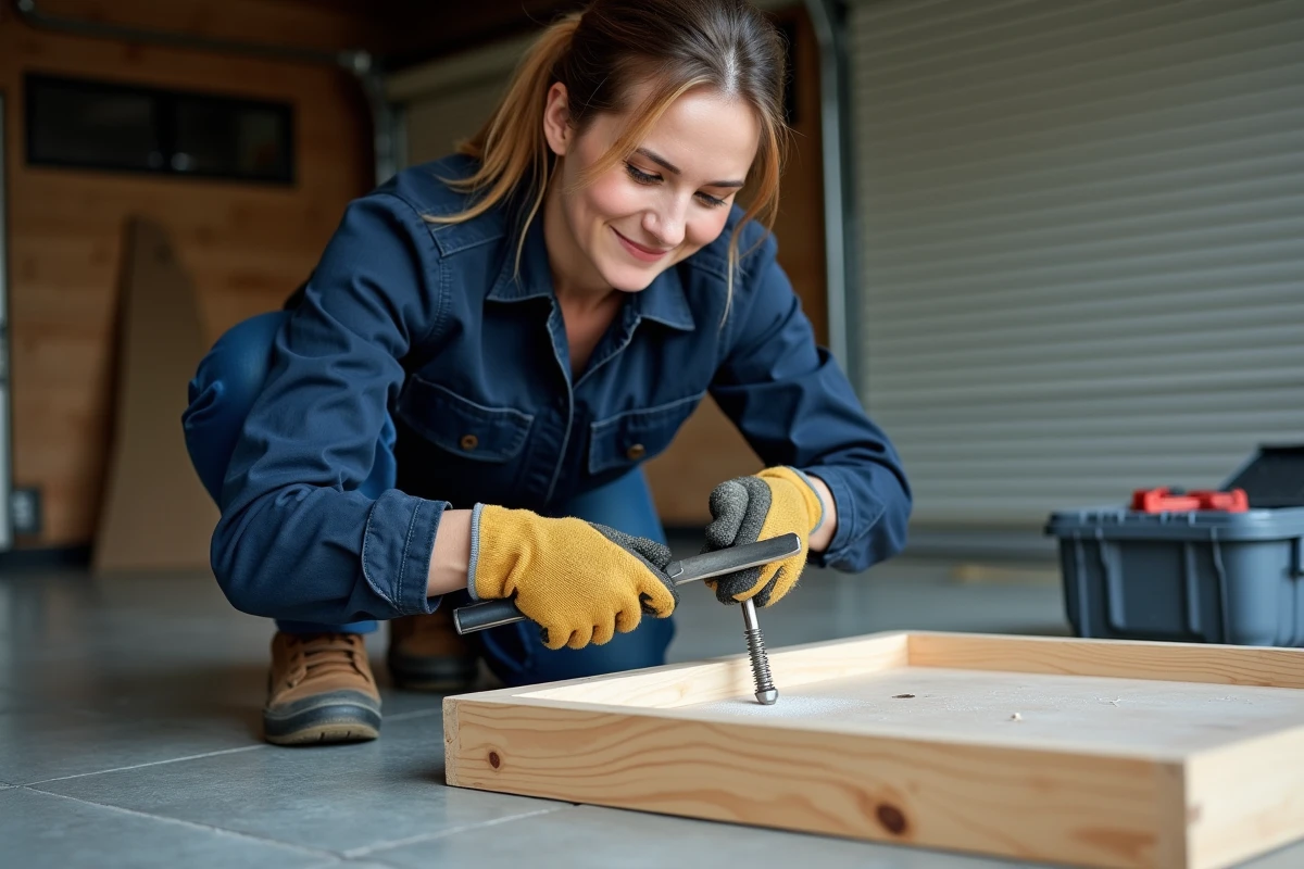 Femme en train d'extraire une vis foirée d'un meuble en bois démontré sur le sol d'un garage avec tournevis et pince