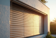 Façade moderne avec volets en aluminium partiellement ouverts