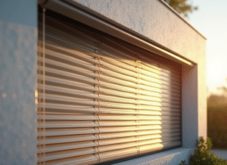 Façade moderne avec volets en aluminium partiellement ouverts
