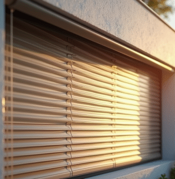 Façade moderne avec volets en aluminium partiellement ouverts