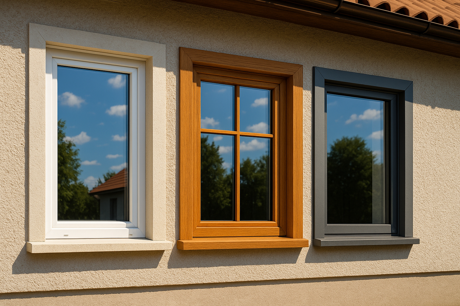 Façade de maison avec fenêtres en PVC bois et aluminium