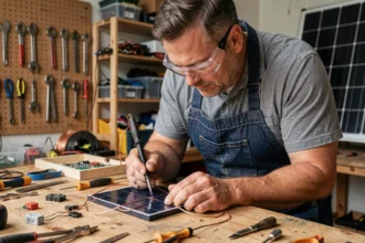 Homme assemblant des cellules photovoltaïques à la main dans un atelier de bricolage pour fabriquer un panneau solaire maison