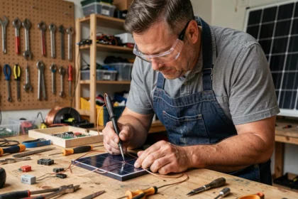 Homme assemblant des cellules photovoltaïques à la main dans un atelier de bricolage pour fabriquer un panneau solaire maison
