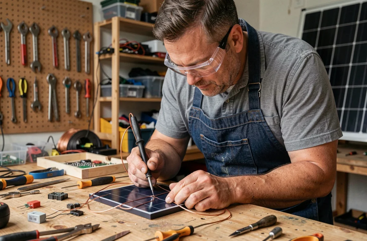 Homme assemblant des cellules photovoltaïques à la main dans un atelier de bricolage pour fabriquer un panneau solaire maison