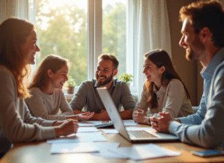 Famille heureuse rencontrant un conseiller en énergie à la maison