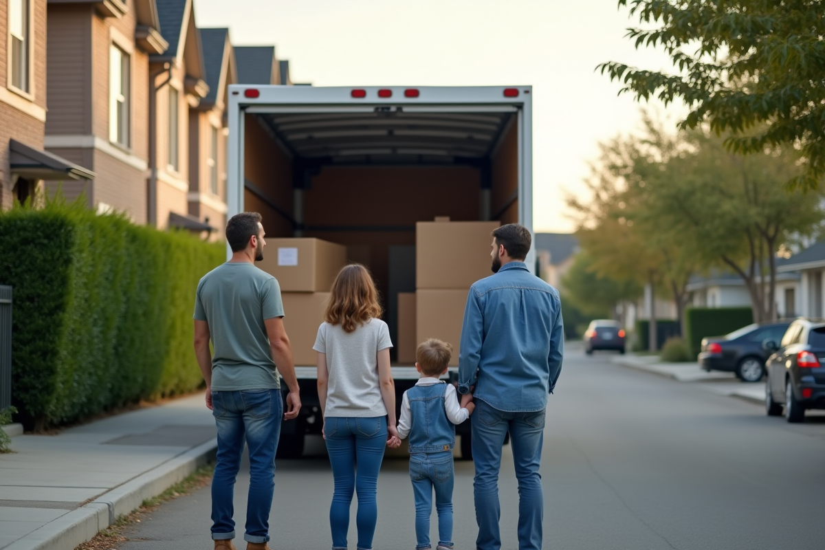 Famille observant le chargement d’un camion de demenagement