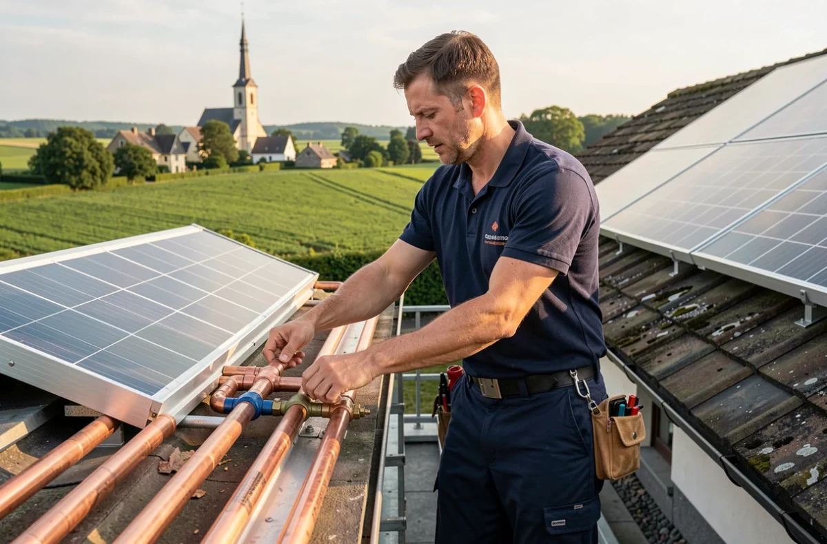 Technicien de Federow Installations Sanitaires raccordant des capteurs solaires thermiques et photovoltaïques sur une maison en Alsace
