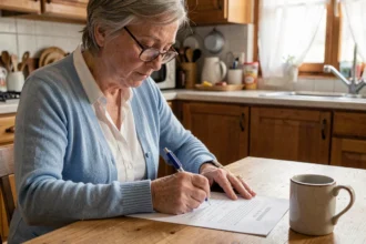 Femme âgée remplissant un formulaire de demande d'aide ménagère à la CPAM à sa table de cuisine