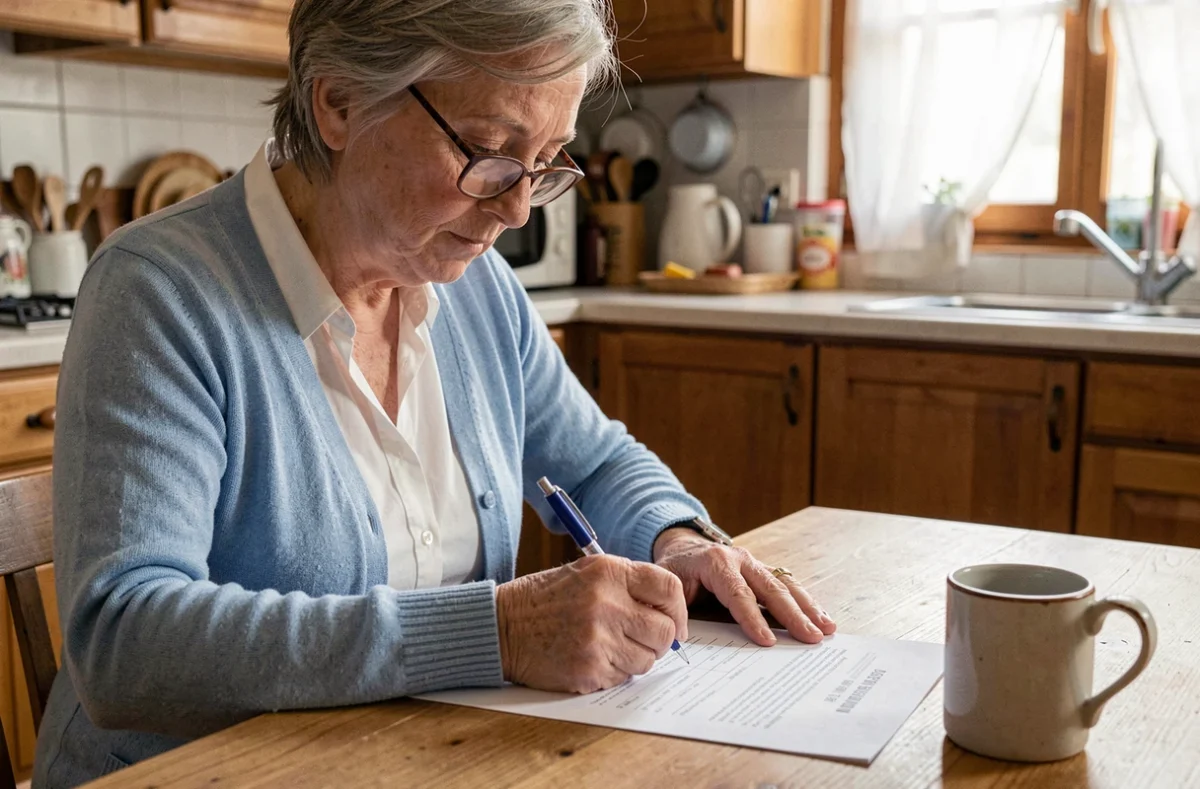 Femme âgée remplissant un formulaire de demande d'aide ménagère à la CPAM à sa table de cuisine