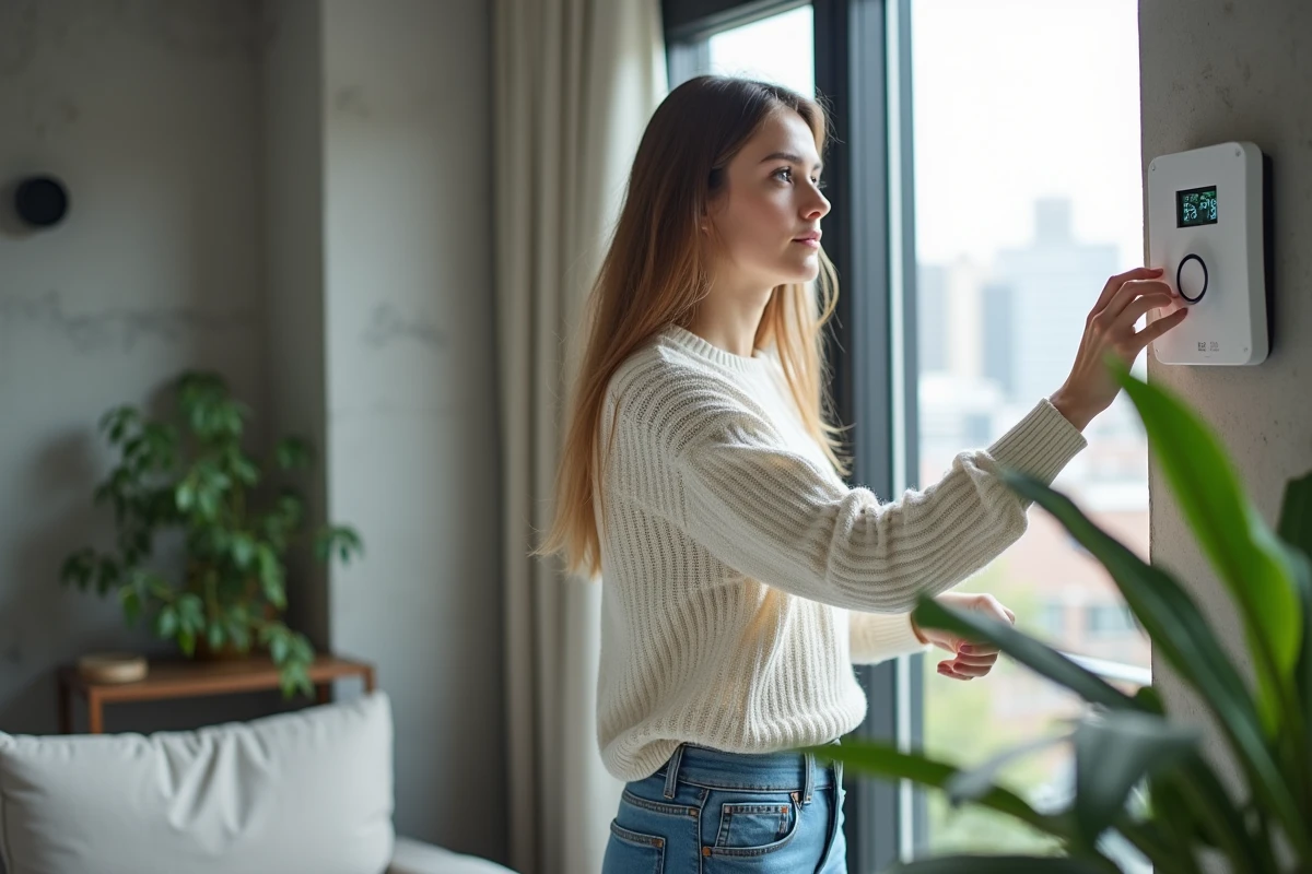 Femme interagissant avec un panneau d'alarme connecté dans un salon d'appartement urbain moderne