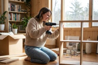Femme souriante assemble un meuble dans un salon lumineux