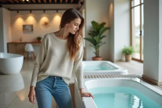 Femme inspectant une baignoire whirlpool dans un showroom